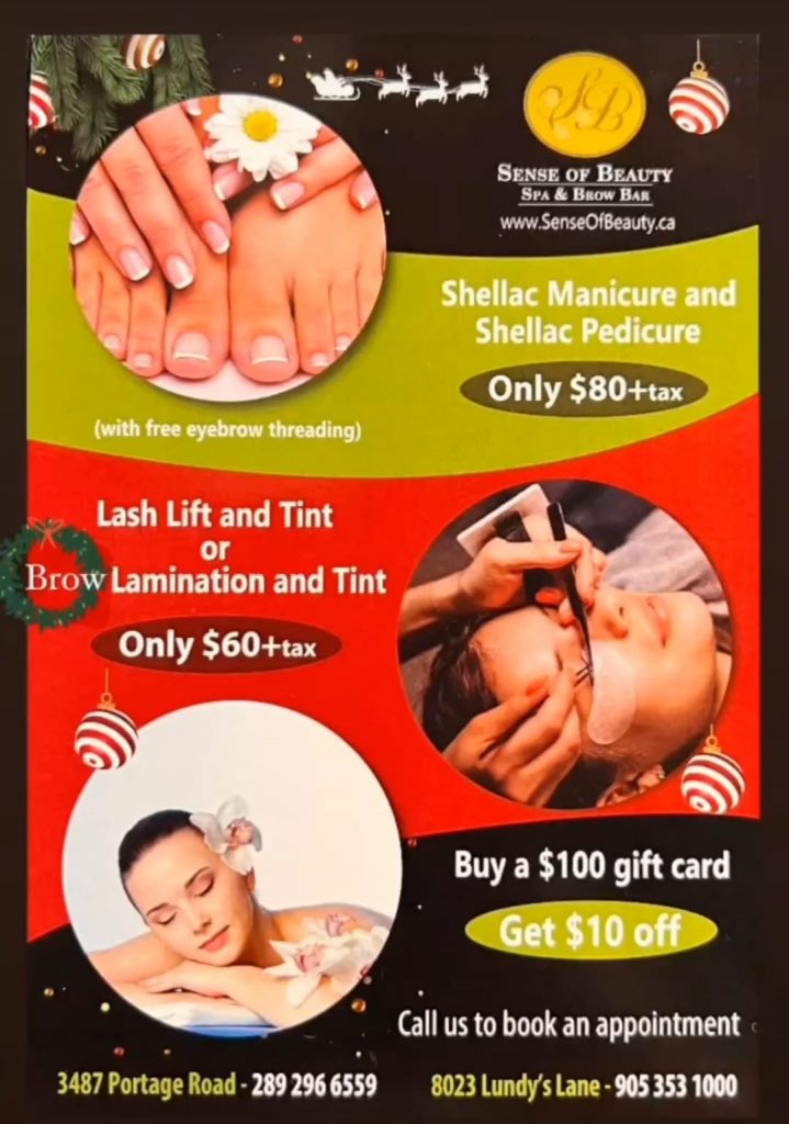 Image showing promotions for December. Shellac Manicure and Pedicure $80. Lash lift and tint or Brow lamination and tint $60. Buy a $100 gift card, get $10 off.